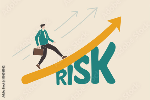 High risk high return stock market investment, trade off of risky investment asset rewarding growth return concept, confident smart investor walking on grow up stock market graph above the word Risk.