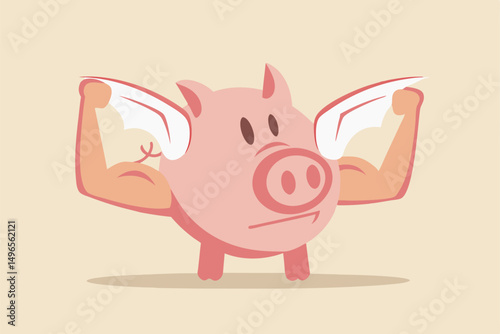Strong financial health, success personal finance strategy or money power and growth investment concept, Strong pink piggy bank with muscle arms and flying wings ready to fight for business profit.