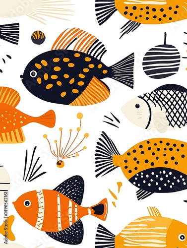 オレンジと黒の魚のイラストパターン
