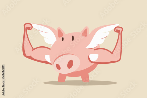 Strong financial health, success personal finance strategy or money power and growth investment concept, Strong pink piggy bank with muscle arms and flying wings ready to fight for business profit.