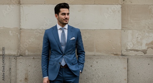 Photo of a Man in Blue Suit Against Stone Wall