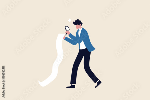 Paying bills, cost and expense analysis for business or personal finance concept, smart businessman using magnifying glass to analyze budget, income tax or expense on long invoice receipt paper.