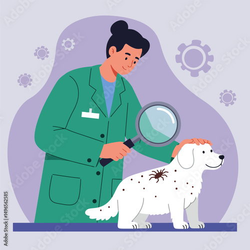 Examining Dog with Magnifying Glass for Fleas or Ticks at Veterinarian