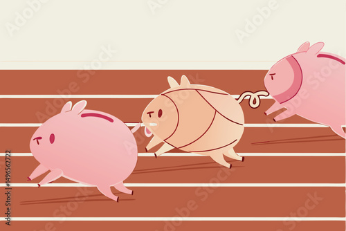 Mutual funds, stock investment performance or savings, business profit concept, pink piggy banks running fast to reach target, they compete on race track and field path to win the finance money game.