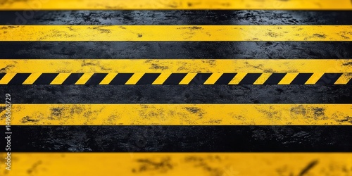 Close-up of worn black and yellow hazard warning stripes on a rough asphalt surface conveying caution and industrial safety photo