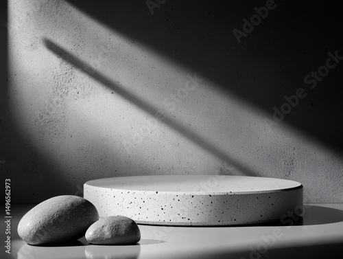 Minimalist grayscale studio shot textured circular platform with two smooth stones, bathed in dramatic sunlight against a mottled wall