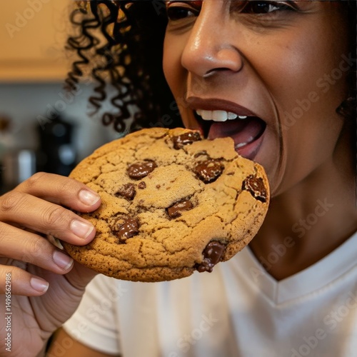 Photo of a Woman Biting into a Chocolate Chip Cookie