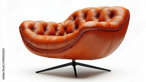 Modern orange leather lounge chair with tufted cushioning and black swivel metal base isolated on white background photo
