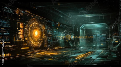 Futuristic corridor with glowing interfaces and advanced technology