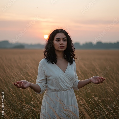 Photo of a Young Woman in a White Dress at Sunset in a Field