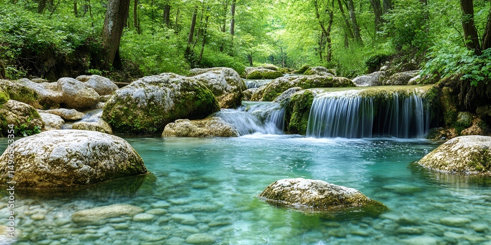 Naklejka premium Serene Waterfall in Lush Green Forest Crystal Clear Water Flows Over Mossy Rocks