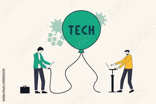 Technology or Tech stock bubble, overvalued stock causing by economic crisis and greedy investors concept, businessmen investor take risk by pumping air into ready to burst balloon with the word TECH.