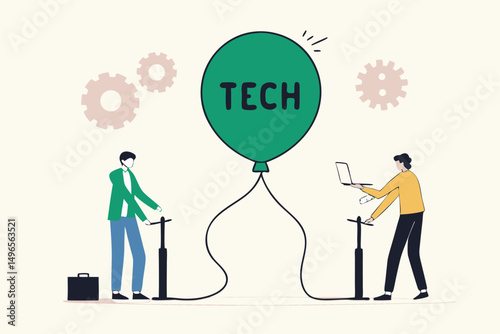 Technology or Tech stock bubble, overvalued stock causing by economic crisis and greedy investors concept, businessmen investor take risk by pumping air into ready to burst balloon with the word TECH.