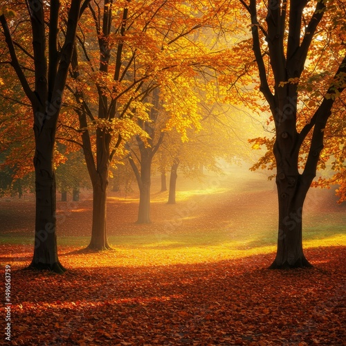 Photo of Autumn Forest with Golden Sunlight
