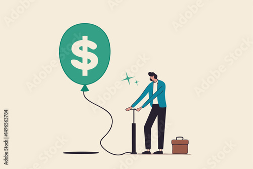 Investment bubble causing financial crisis, overvalued stock market or money inflation concept, businessman investor pumping air into big floating balloon with US Dollar money sign ready to burst.