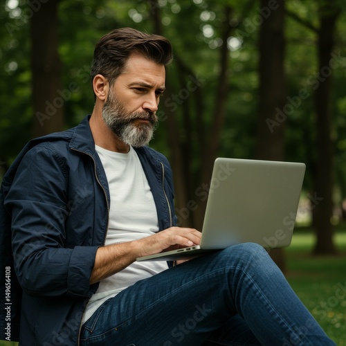 Photo of Bearded Man Using Laptop in Park