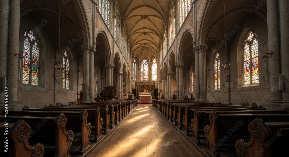 Fototapeta premium Photo of Church Interior with Stained Glass Windows