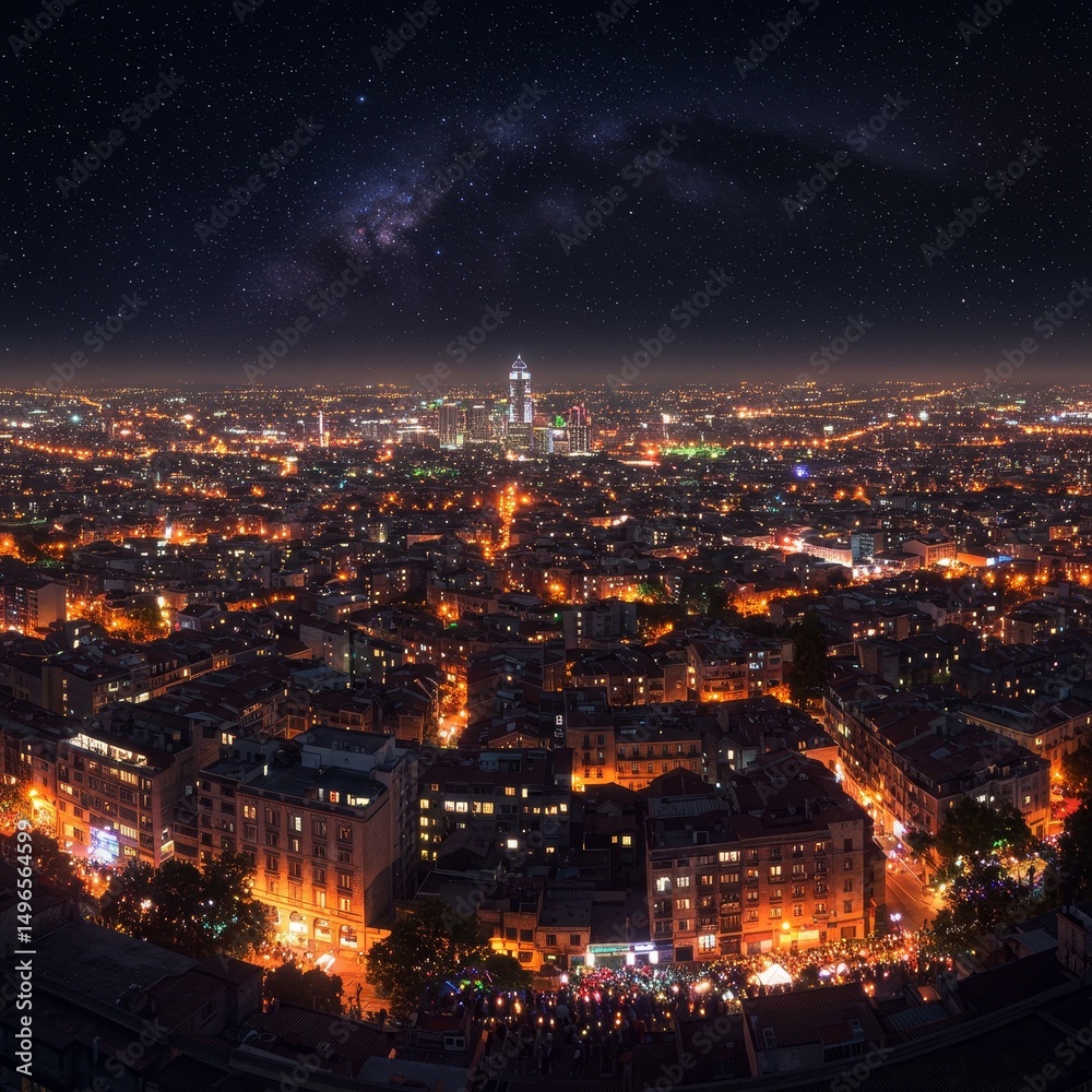 Obraz premium Photo of City at Night Under Milky Way
