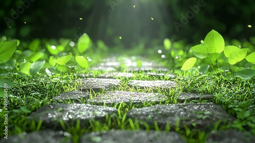 Stone Path Through Green Grass and Leaves with Sunlight