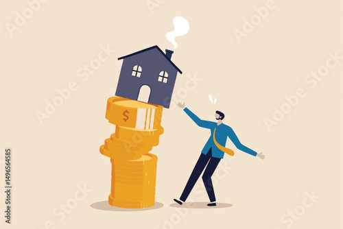 Property and housing market collapse, real estate stock risk or economic recession concept, businessman house owner or real estate agent help protect the house to fall off unstable stack of coins.