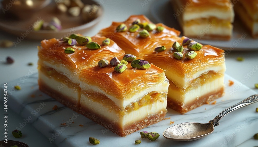 Slices of layered dessert with crispy golden top, creamy middle, nut topping, and crumbly base on a white plate with a vintage spoon and scattered nuts Slices of layered dessert with crispy golden top, creamy middle, nut topping, and crumbly base on a white plate with a vintage spoon and scattered nuts