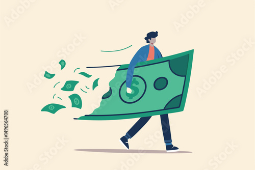 Lose money investment in financial crisis, profit and loss in business or deflation and inflation concept, businessman holding big dollar banknote money while loss, crumble and reduce in value.