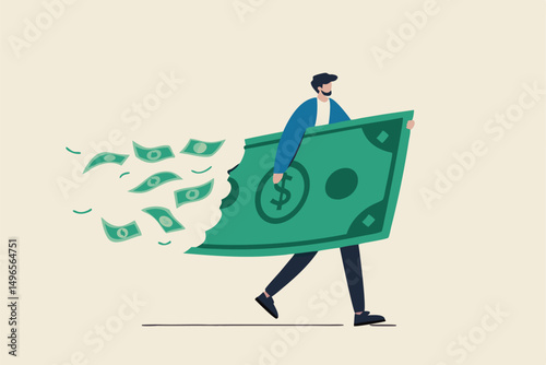 Lose money investment in financial crisis, profit and loss in business or deflation and inflation concept, businessman holding big dollar banknote money while loss, crumble and reduce in value.