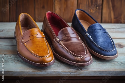 Three pairs of leather loafers in yellow, brown, and blue colors displayed on a rustic wooden surface with a wooden background, highlighting craftsmanship and style photo