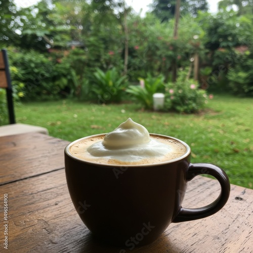 Photo of Brown Cup of Coffee With Whipped Cream on Wooden Table in Garden
