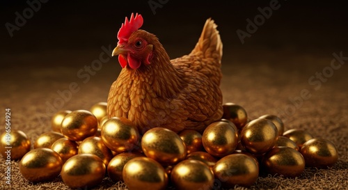 Photo of Brown Hen on Golden Eggs Nest