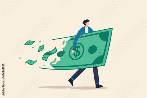Lose money investment in financial crisis, profit and loss in business or deflation and inflation concept, businessman holding big dollar banknote money while loss, crumble and reduce in value.