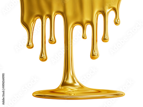 3D render of dripping liquid gold, melting golden oil or honey flowing down like cream, with a shiny metallic texture isolated on a transparent background photo