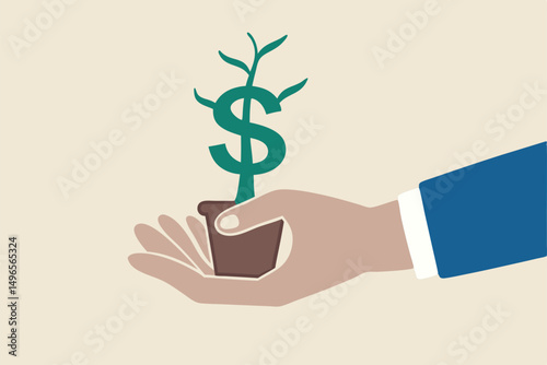 Growth stock return or dividend investment, saving and prosperity or success business achievement concept, businessman investor hand tendering hold plants pot with growing money tree with dollar sign.