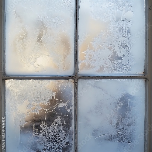 Frosty windowpane patterns in winter sunlight. photo