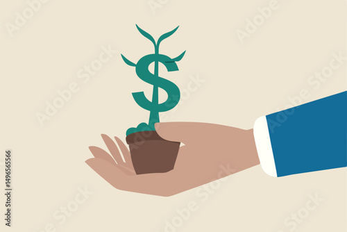 Growth stock return or dividend investment, saving and prosperity or success business achievement concept, businessman investor hand tendering hold plants pot with growing money tree with dollar sign.
