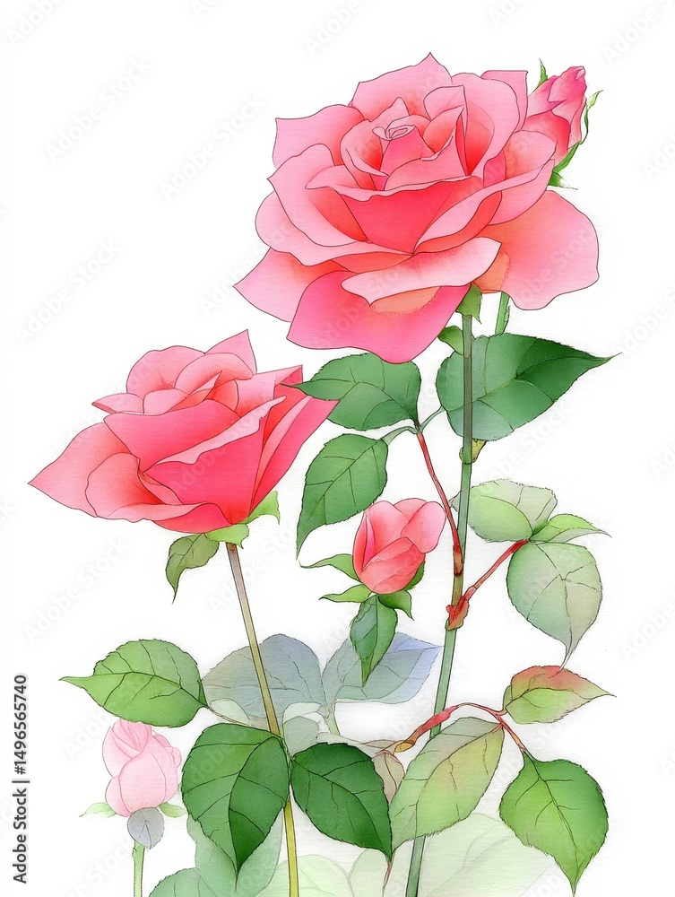 Fototapeta premium Pink Roses with Green Leaves on a White Background