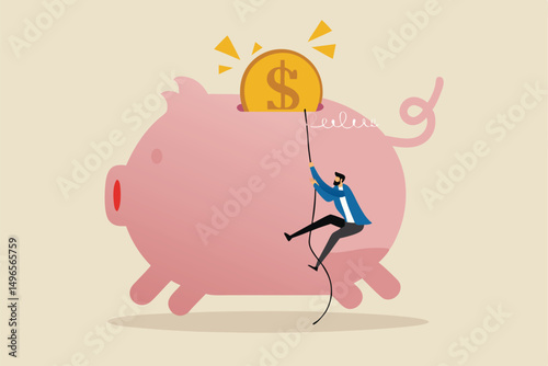 Personal finance strategy, income tax or investment target for office worker retirement concept, confidence businessman using rope to climb up pink piggy bank with golden money coin as final target.
