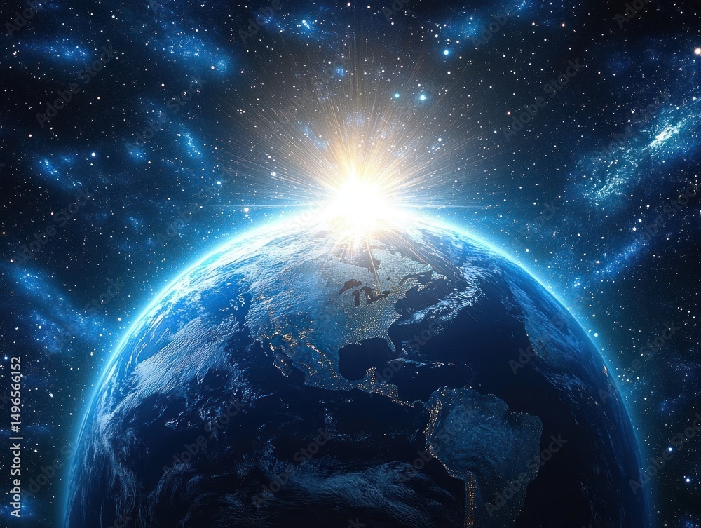 Bright sunlight emerging over the horizon of Earth viewed from space with visible continents, star-filled cosmic background, and glowing atmosphere Bright sunlight emerging over the horizon of Earth viewed from space with visible continents, star-filled cosmic background, and glowing atmosphere