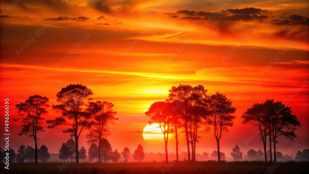 Fototapeta premium Sun setting behind trees with red orange gradient background blurred effect