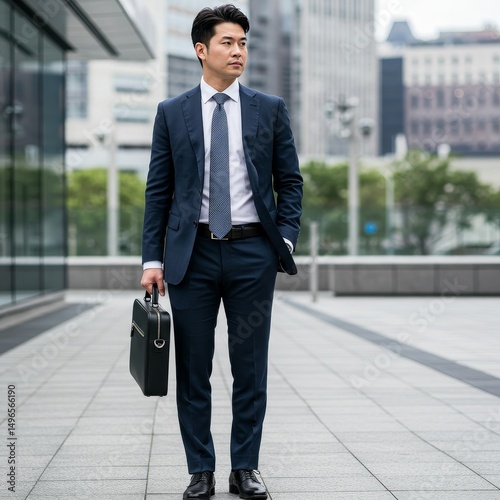Photo of Businessman in Blue Suit with Briefcase in City