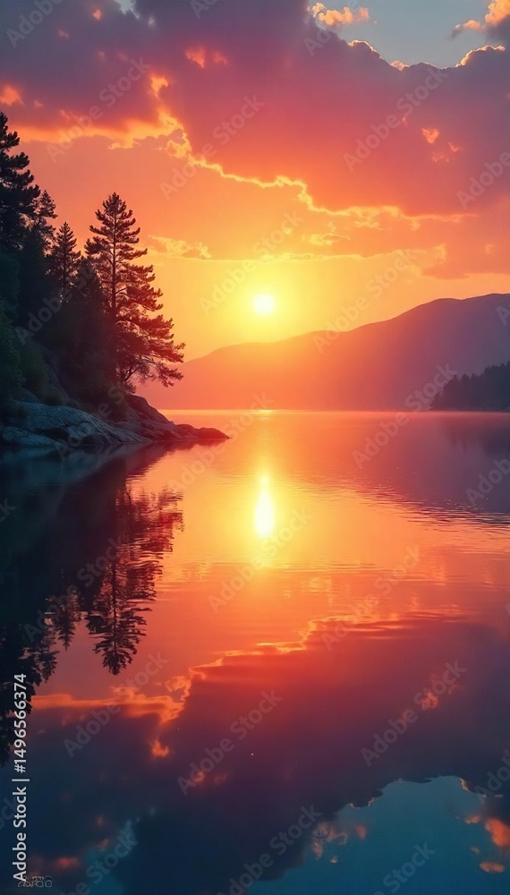Obraz premium Serene sunrise over a tranquil lake, reflecting the peaceful energy of healing spirituality Perfect for meditation, mindfulness, and spiritual wellness imagery , spiritual journey, spiritual