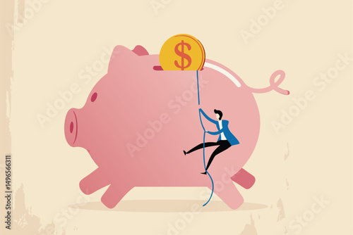 Personal finance strategy, income tax or investment target for office worker retirement concept, confidence businessman using rope to climb up pink piggy bank with golden money coin as final target.