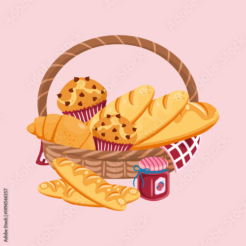 A charming basket brimming with assorted baked goods include baguettes, muffins, croissant, and jam. Perfect for bakery themes. Vector illustration.