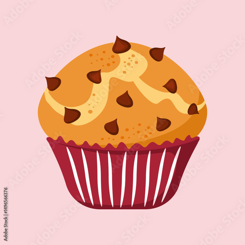 Chocolate chip muffin in a red wrapper, a sweet treat perfect for breakfast, dessert, or bakery designs. Vector illustration.