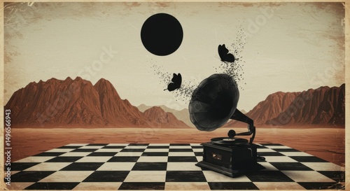 Surreal Vinyl Record and Cosmic Landscape Concept