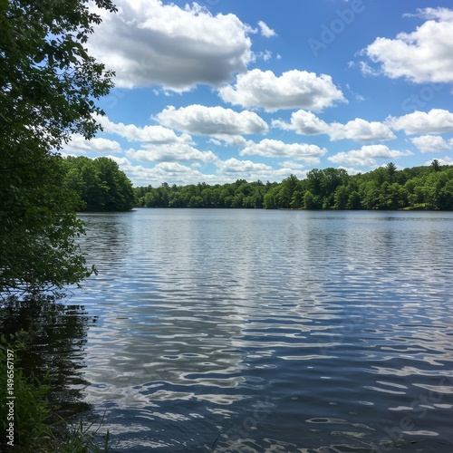 Photo of Calm Lake with Lush Green Trees and Blue Sky