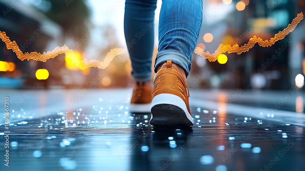 Fototapeta premium Walking through a city street at dusk urban lifestyle photography vibrant environment dynamic perspective