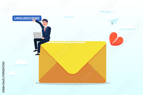 Businessman working with computer laptop push unsubscribe button, unsubscribe email exit from mailing list, cancel subscription button, remove or leaving marketing email, delete or rejection concept