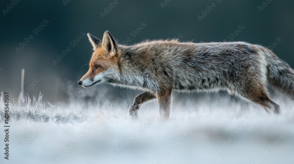 Naklejka premium Red fox walking frosty field, dawn, wildlife