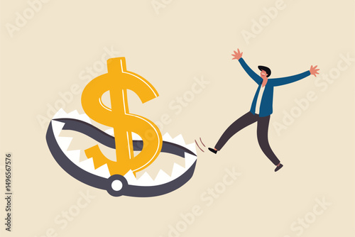 Financial money trap, risk in investment, ponzi scheme or business pitfall concept, businessman investor running and jumping into lore money pitfall or mouse trap with big money dollar sign bait.